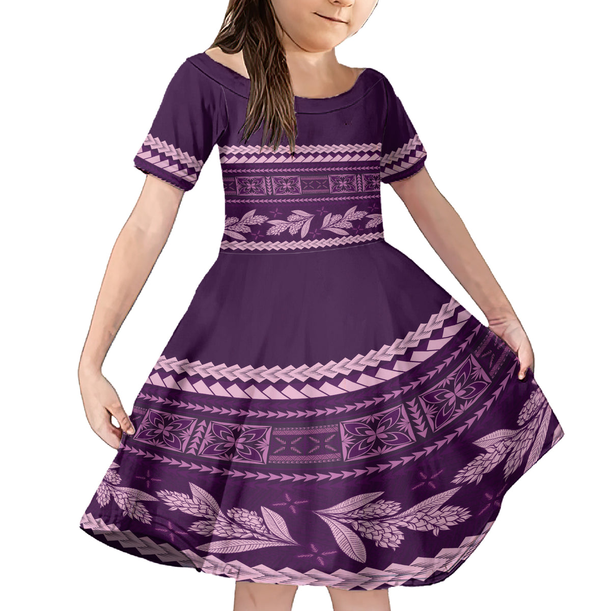 Purple Samoa Siapo Teuila Flowers Family Matching Short Sleeve Bodycon Dress and Hawaiian Shirt LT14 Daughter's Dress Purple - Polynesian Pride