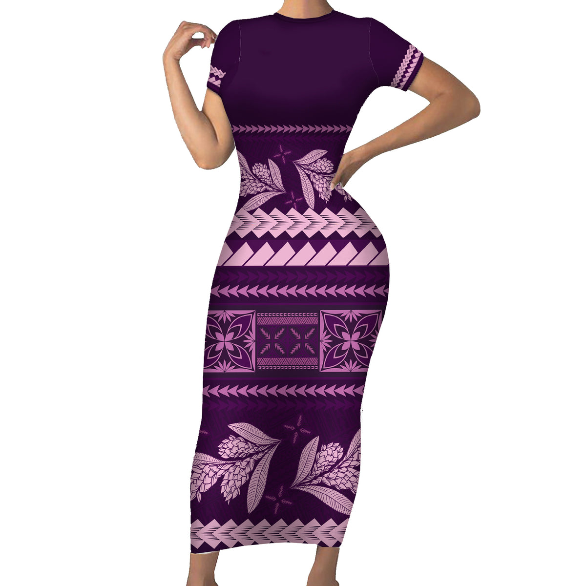 Purple Samoa Siapo Teuila Flowers Family Matching Short Sleeve Bodycon Dress and Hawaiian Shirt LT14 Mom's Dress Purple - Polynesian Pride