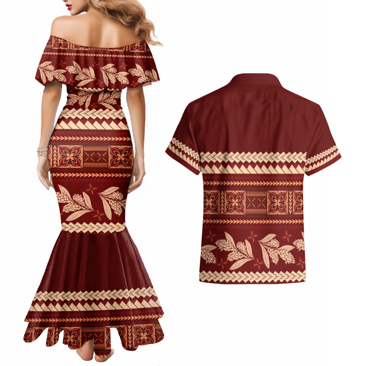 Red Samoa Siapo Teuila Flowers Couples Matching Mermaid Dress and Hawaiian Shirt