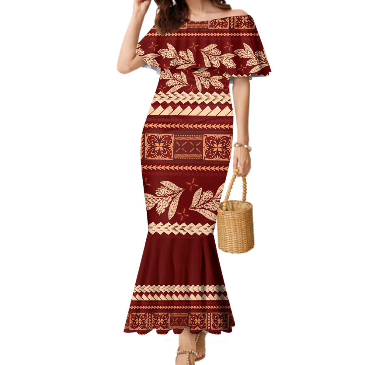 Red Samoa Siapo Teuila Flowers Family Matching Mermaid Dress and Hawaiian Shirt