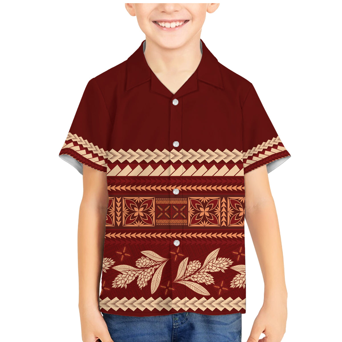 Red Samoa Siapo Teuila Flowers Family Matching Mermaid Dress and Hawaiian Shirt