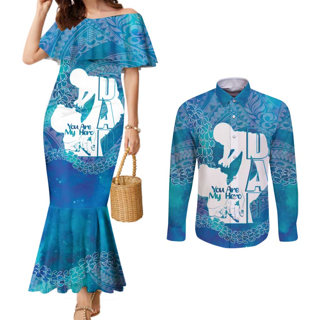 Turquoise Polynesia Father's Day Couples Matching Mermaid Dress and Long Sleeve Button Shirt Dad You Are My Hero