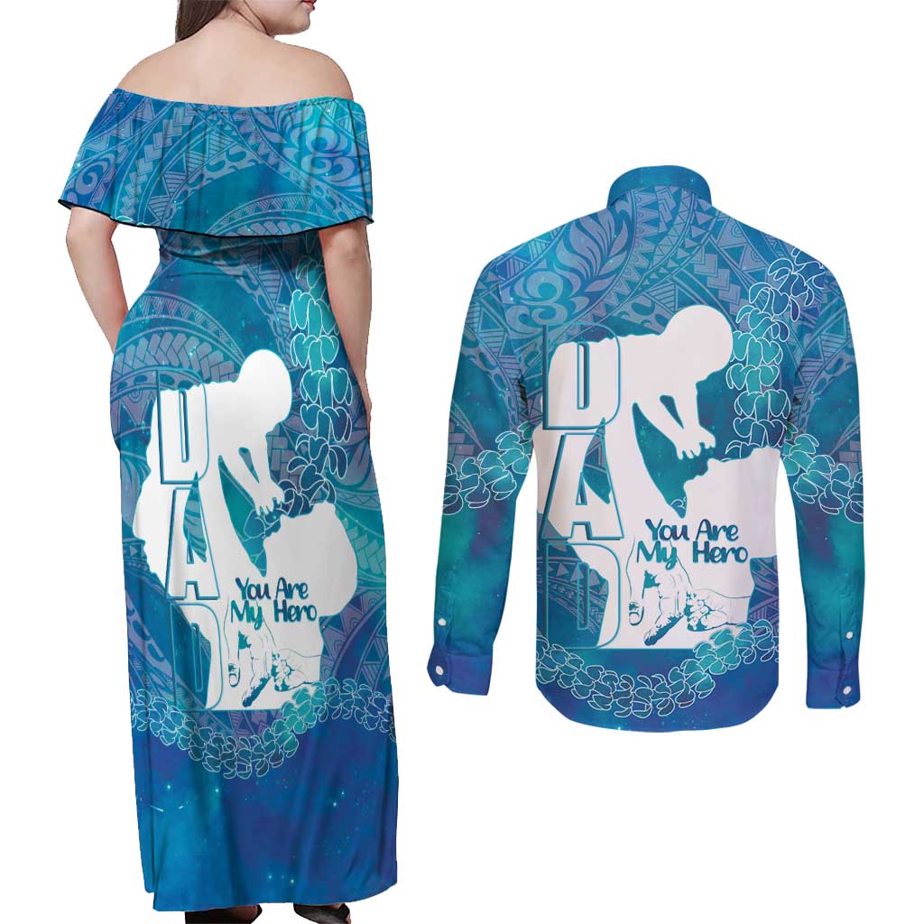 Turquoise Polynesia Father's Day Couples Matching Off Shoulder Maxi Dress and Long Sleeve Button Shirt Dad You Are My Hero