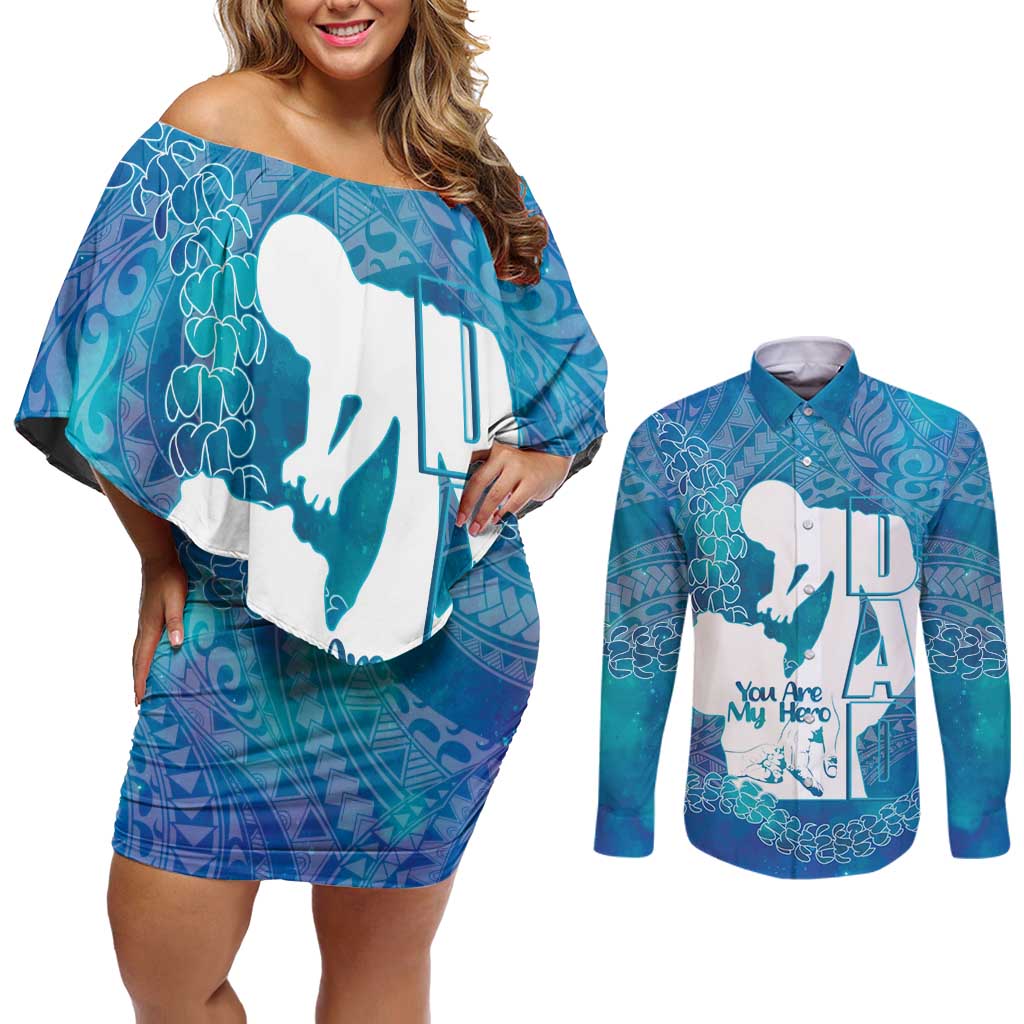 Turquoise Polynesia Father's Day Couples Matching Off Shoulder Short Dress and Long Sleeve Button Shirt Dad You Are My Hero