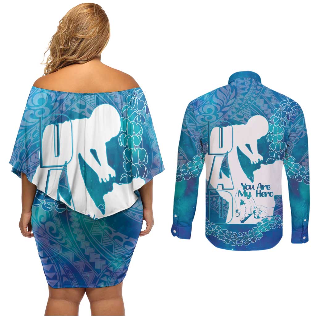 Turquoise Polynesia Father's Day Couples Matching Off Shoulder Short Dress and Long Sleeve Button Shirt Dad You Are My Hero