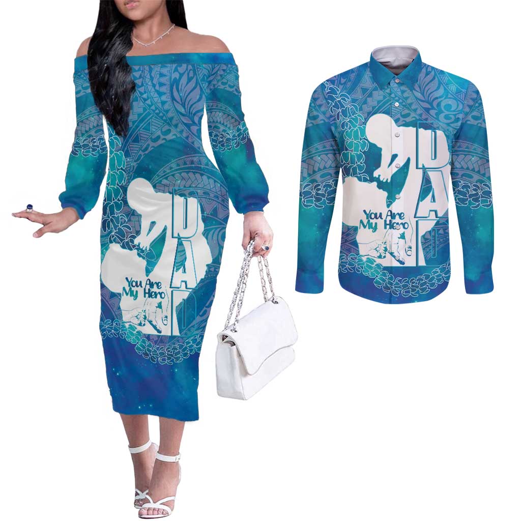 Turquoise Polynesia Father's Day Couples Matching Off The Shoulder Long Sleeve Dress and Long Sleeve Button Shirt Dad You Are My Hero