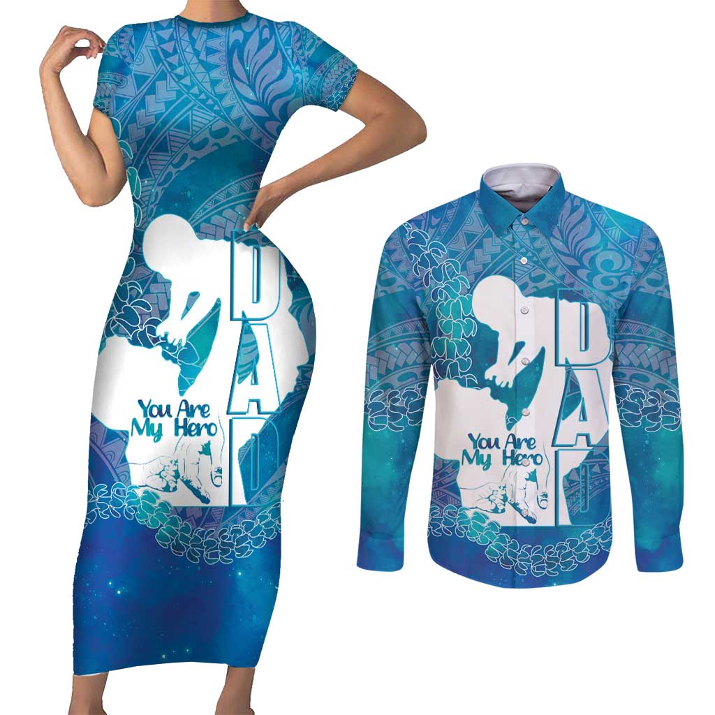 Turquoise Polynesia Father's Day Couples Matching Short Sleeve Bodycon Dress and Long Sleeve Button Shirt Dad You Are My Hero
