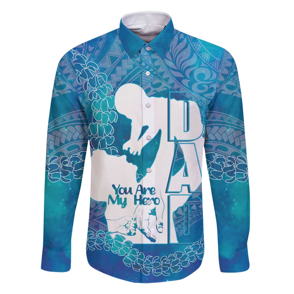 Turquoise Polynesia Father's Day Family Matching Long Sleeve Bodycon Dress and Hawaiian Shirt Dad You Are My Hero LT14 Dad's Shirt - Long Sleeve Turquoise - Polynesian Pride