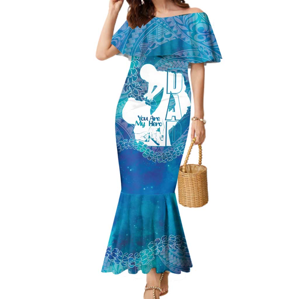 Turquoise Polynesia Father's Day Family Matching Mermaid Dress and Hawaiian Shirt Dad You Are My Hero LT14 Mom's Dress Turquoise - Polynesian Pride