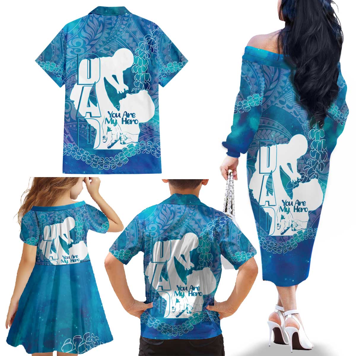Turquoise Polynesia Father's Day Family Matching Off The Shoulder Long Sleeve Dress and Hawaiian Shirt Dad You Are My Hero LT14 - Polynesian Pride