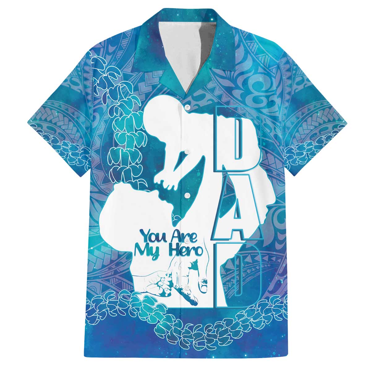 Turquoise Polynesia Father's Day Family Matching Off The Shoulder Long Sleeve Dress and Hawaiian Shirt Dad You Are My Hero LT14 Dad's Shirt - Short Sleeve Turquoise - Polynesian Pride