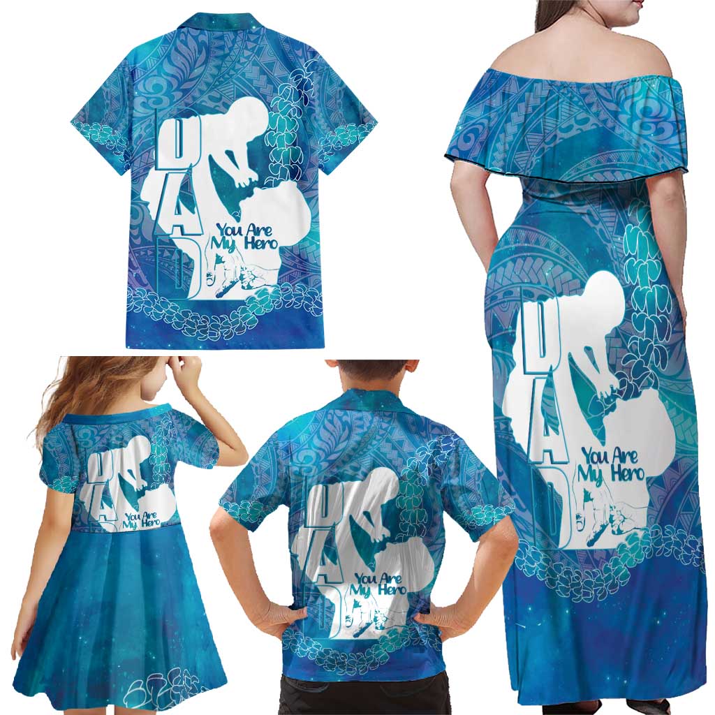 Turquoise Polynesia Father's Day Family Matching Off Shoulder Maxi Dress and Hawaiian Shirt Dad You Are My Hero LT14 - Polynesian Pride