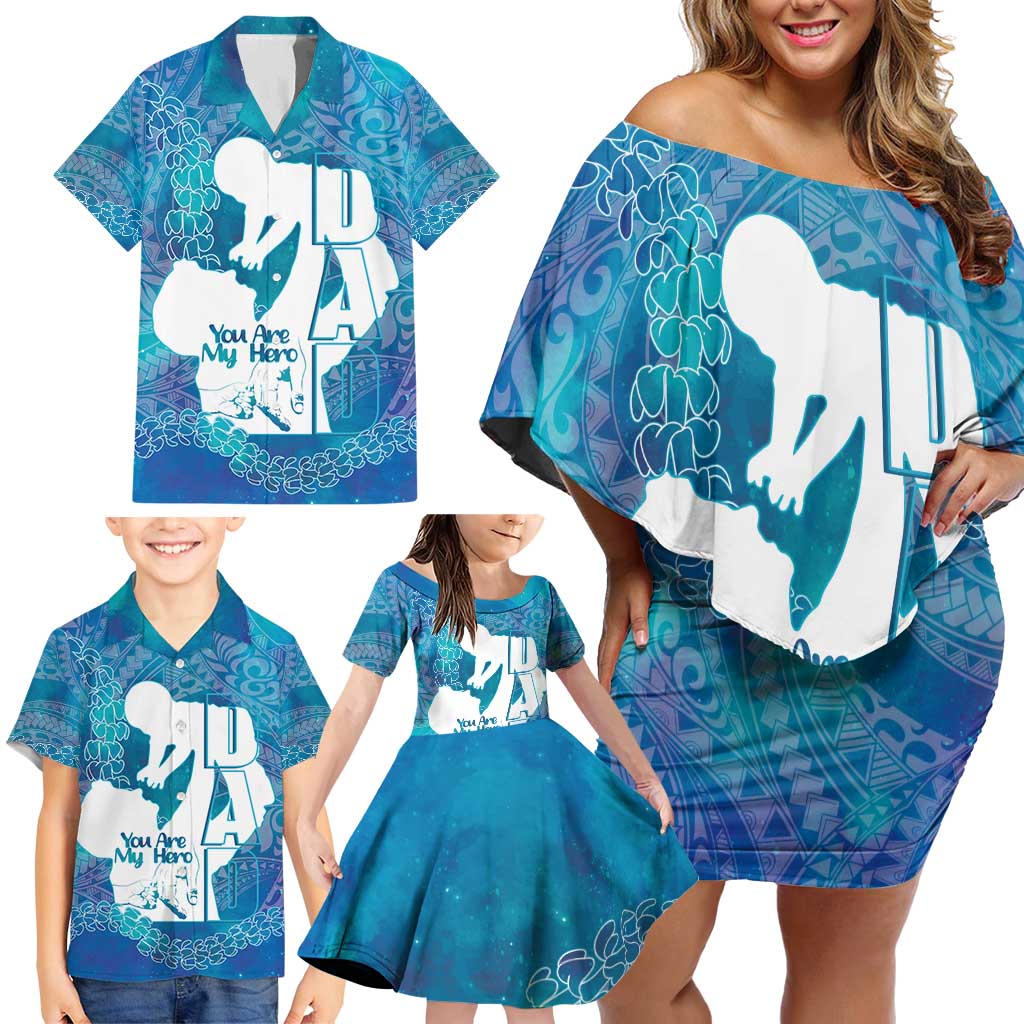Turquoise Polynesia Father's Day Family Matching Off Shoulder Short Dress and Hawaiian Shirt Dad You Are My Hero LT14 - Polynesian Pride