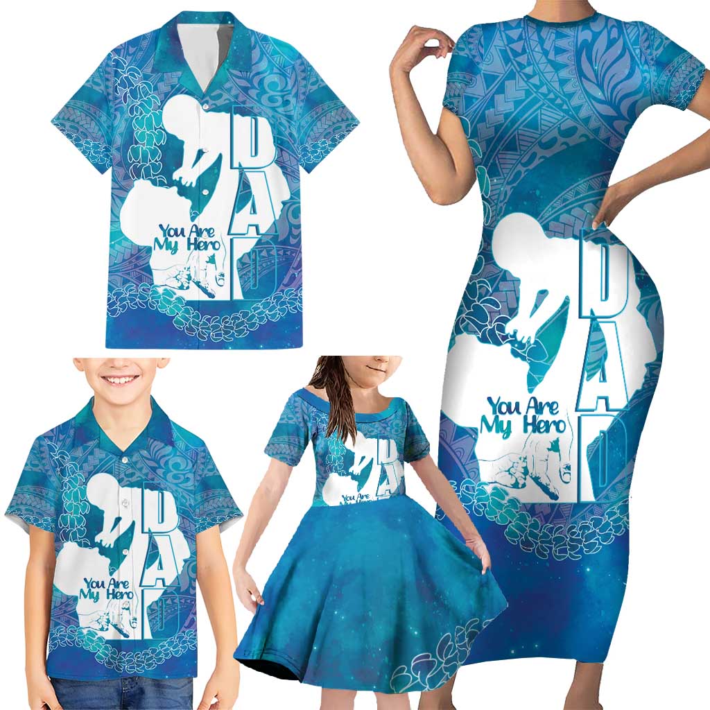Turquoise Polynesia Father's Day Family Matching Short Sleeve Bodycon Dress and Hawaiian Shirt Dad You Are My Hero LT14 - Polynesian Pride