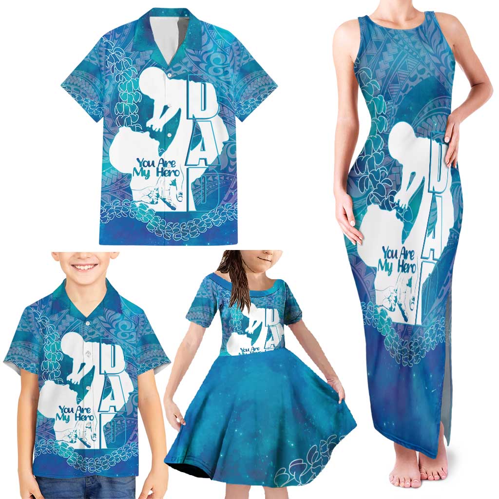 Turquoise Polynesia Father's Day Family Matching Tank Maxi Dress and Hawaiian Shirt Dad You Are My Hero