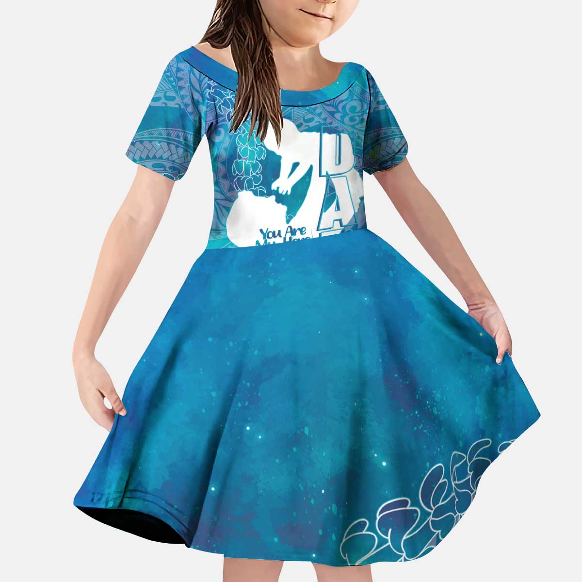 Turquoise Polynesia Father's Day Kid Short Sleeve Dress Dad You Are My Hero