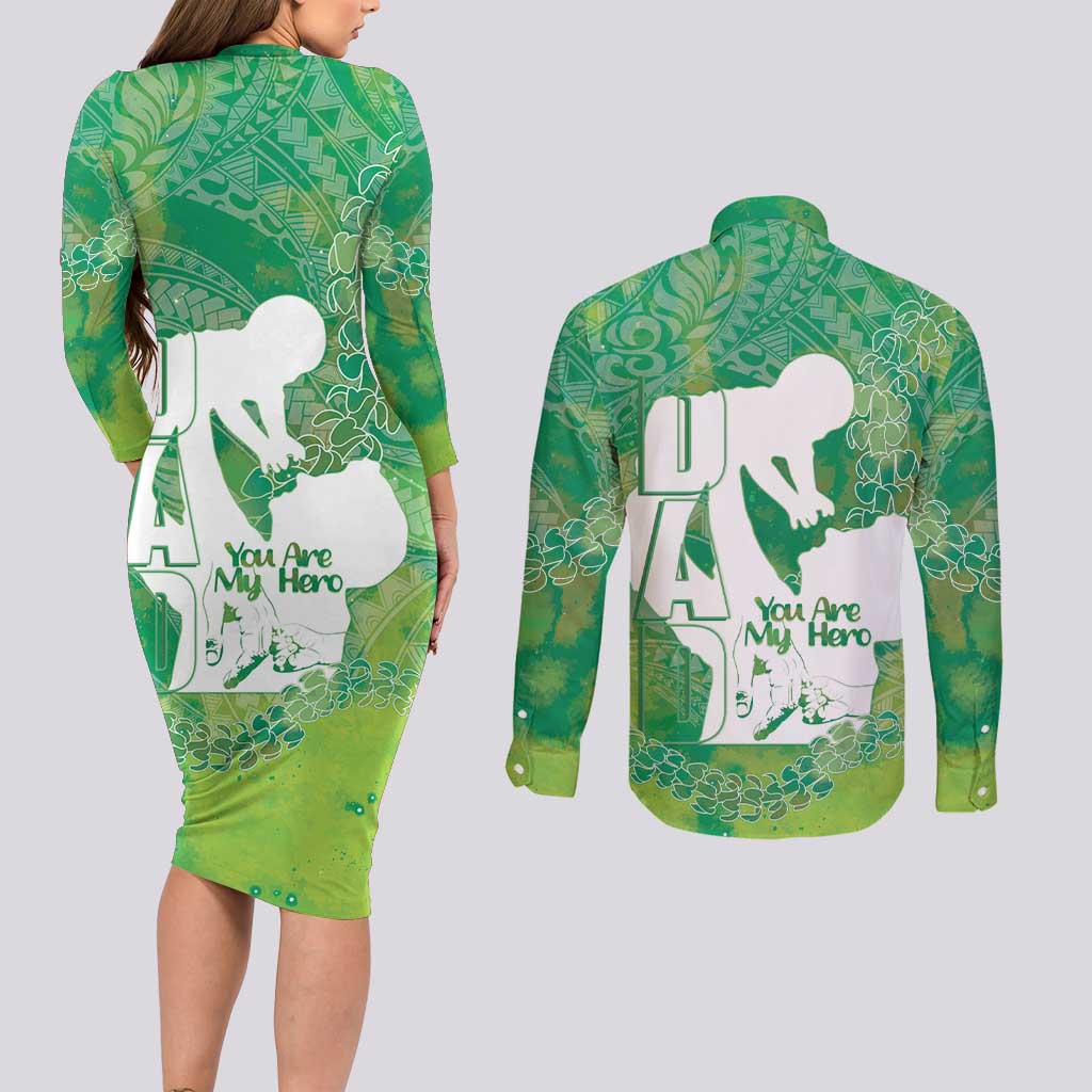 Green Polynesia Father's Day Couples Matching Long Sleeve Bodycon Dress and Long Sleeve Button Shirt Dad You Are My Hero