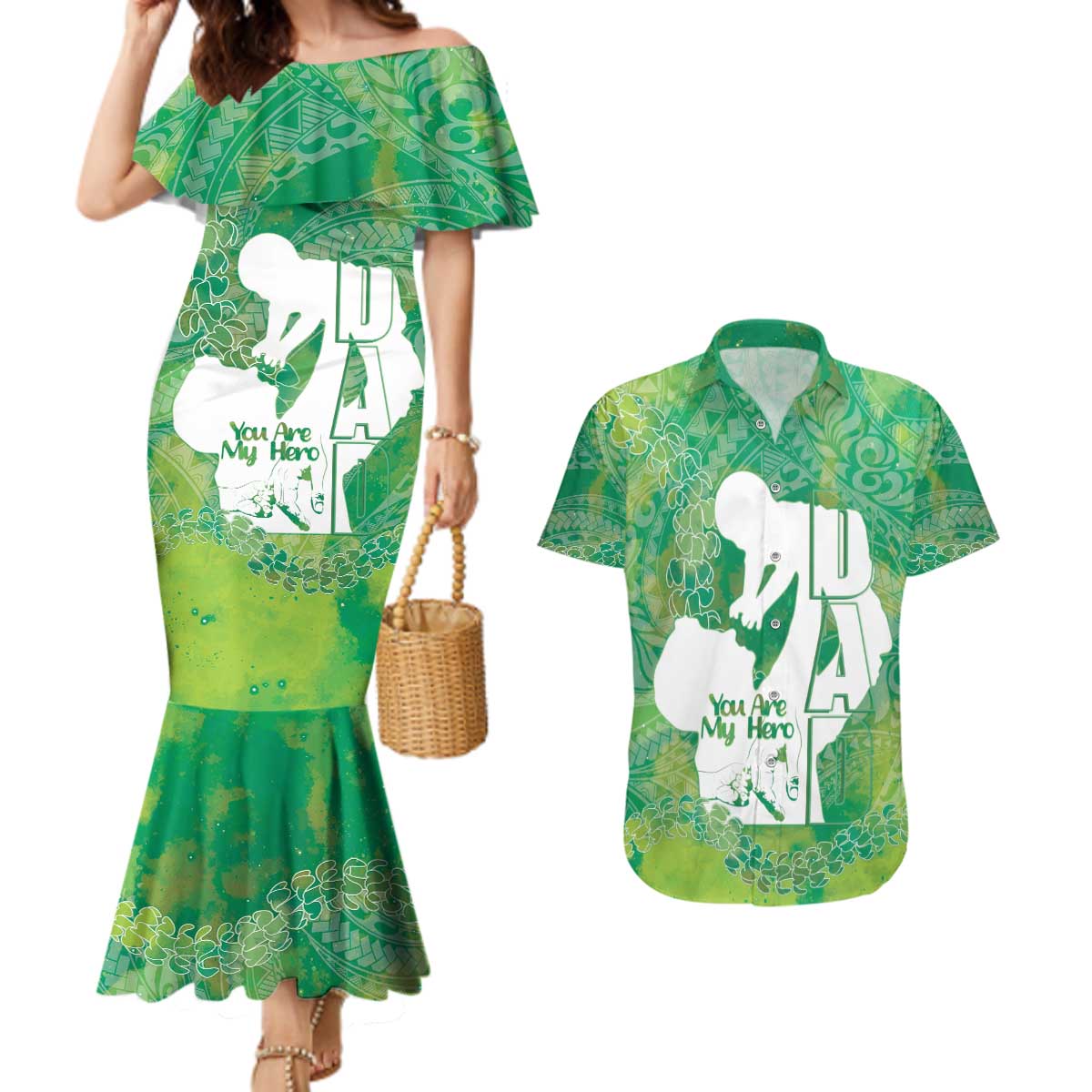 Green Polynesia Father's Day Couples Matching Mermaid Dress and Hawaiian Shirt Dad You Are My Hero