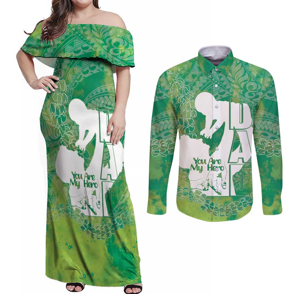 Green Polynesia Father's Day Couples Matching Off Shoulder Maxi Dress and Long Sleeve Button Shirt Dad You Are My Hero