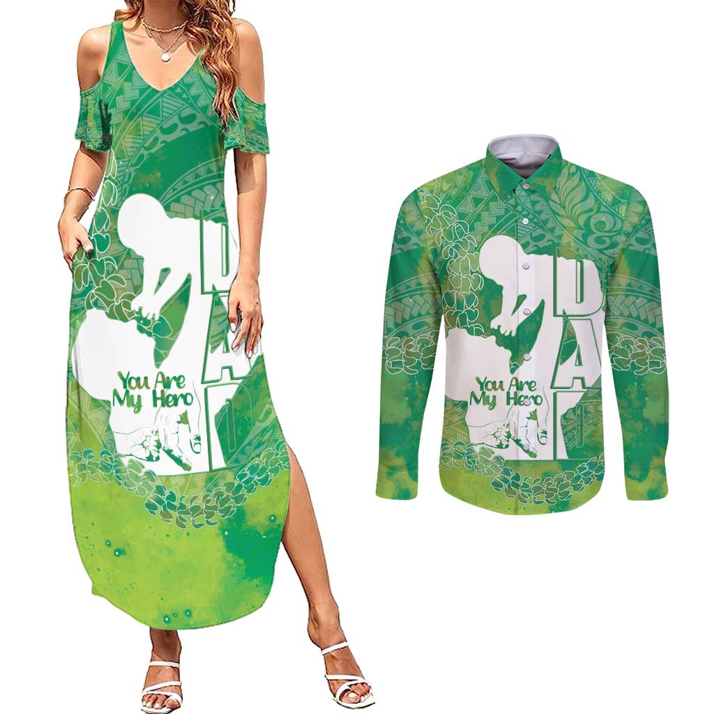 Green Polynesia Father's Day Couples Matching Summer Maxi Dress and Long Sleeve Button Shirt Dad You Are My Hero