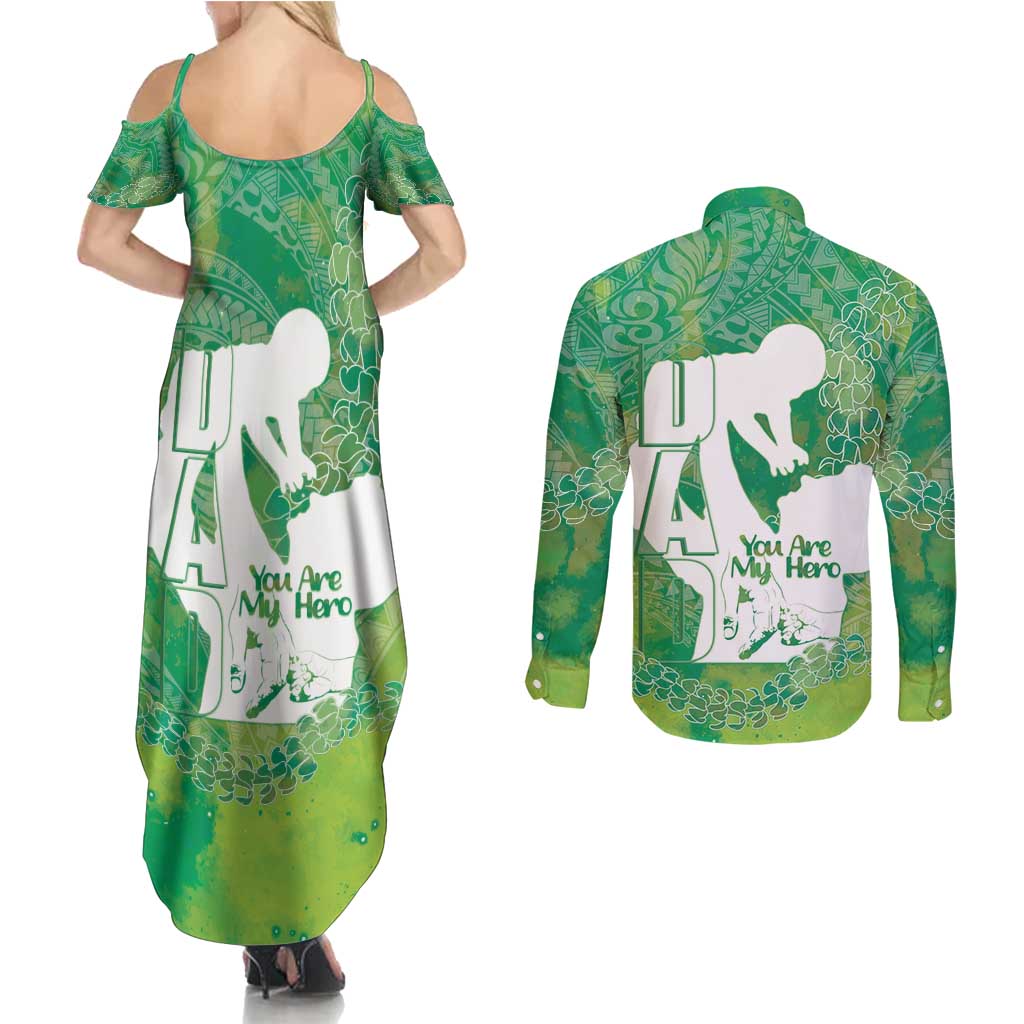 Green Polynesia Father's Day Couples Matching Summer Maxi Dress and Long Sleeve Button Shirt Dad You Are My Hero