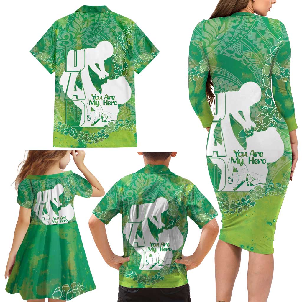 Green Polynesia Father's Day Family Matching Long Sleeve Bodycon Dress and Hawaiian Shirt Dad You Are My Hero LT14 - Polynesian Pride