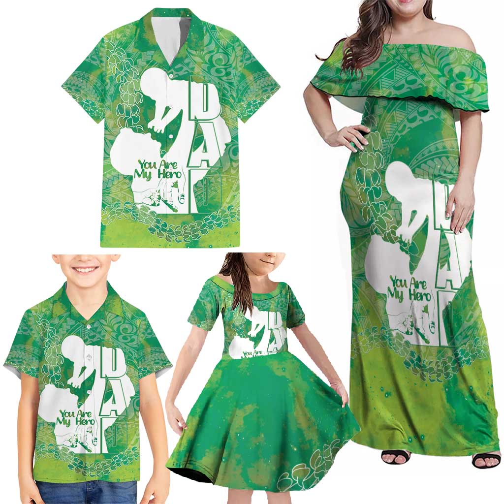 Green Polynesia Father's Day Family Matching Off Shoulder Maxi Dress and Hawaiian Shirt Dad You Are My Hero LT14 - Polynesian Pride