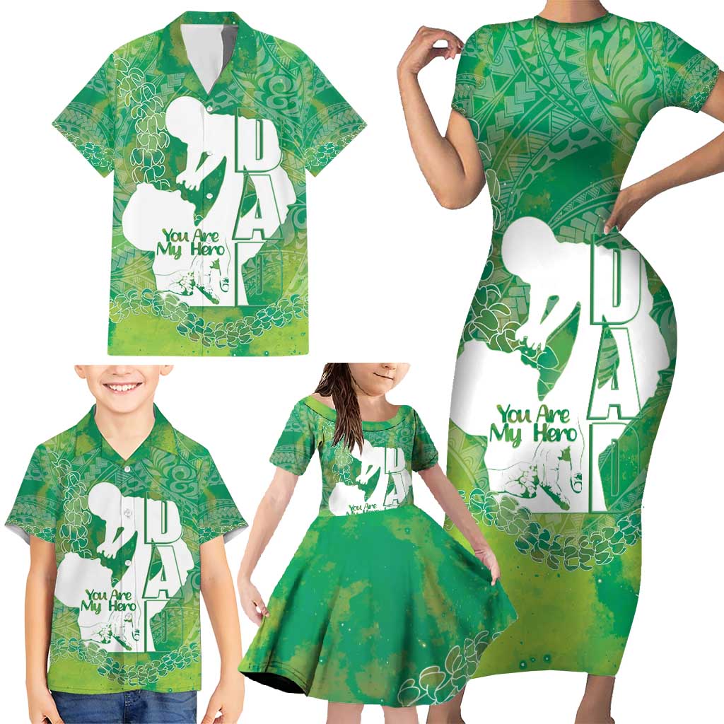 Green Polynesia Father's Day Family Matching Short Sleeve Bodycon Dress and Hawaiian Shirt Dad You Are My Hero LT14 - Polynesian Pride