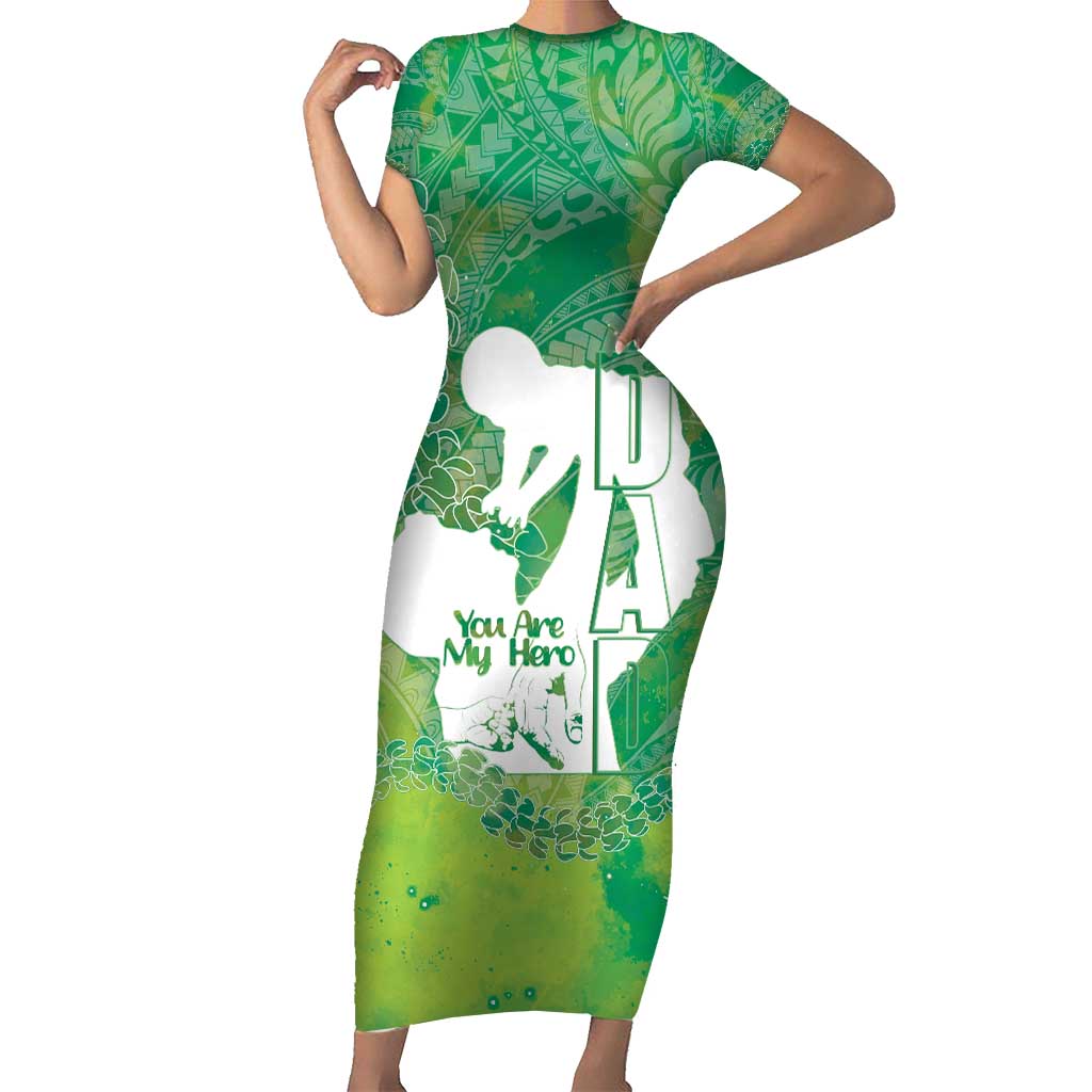 Green Polynesia Father's Day Family Matching Short Sleeve Bodycon Dress and Hawaiian Shirt Dad You Are My Hero LT14 Mom's Dress Green - Polynesian Pride