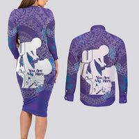 Purple Polynesia Father's Day Couples Matching Long Sleeve Bodycon Dress and Long Sleeve Button Shirt Dad You Are My Hero
