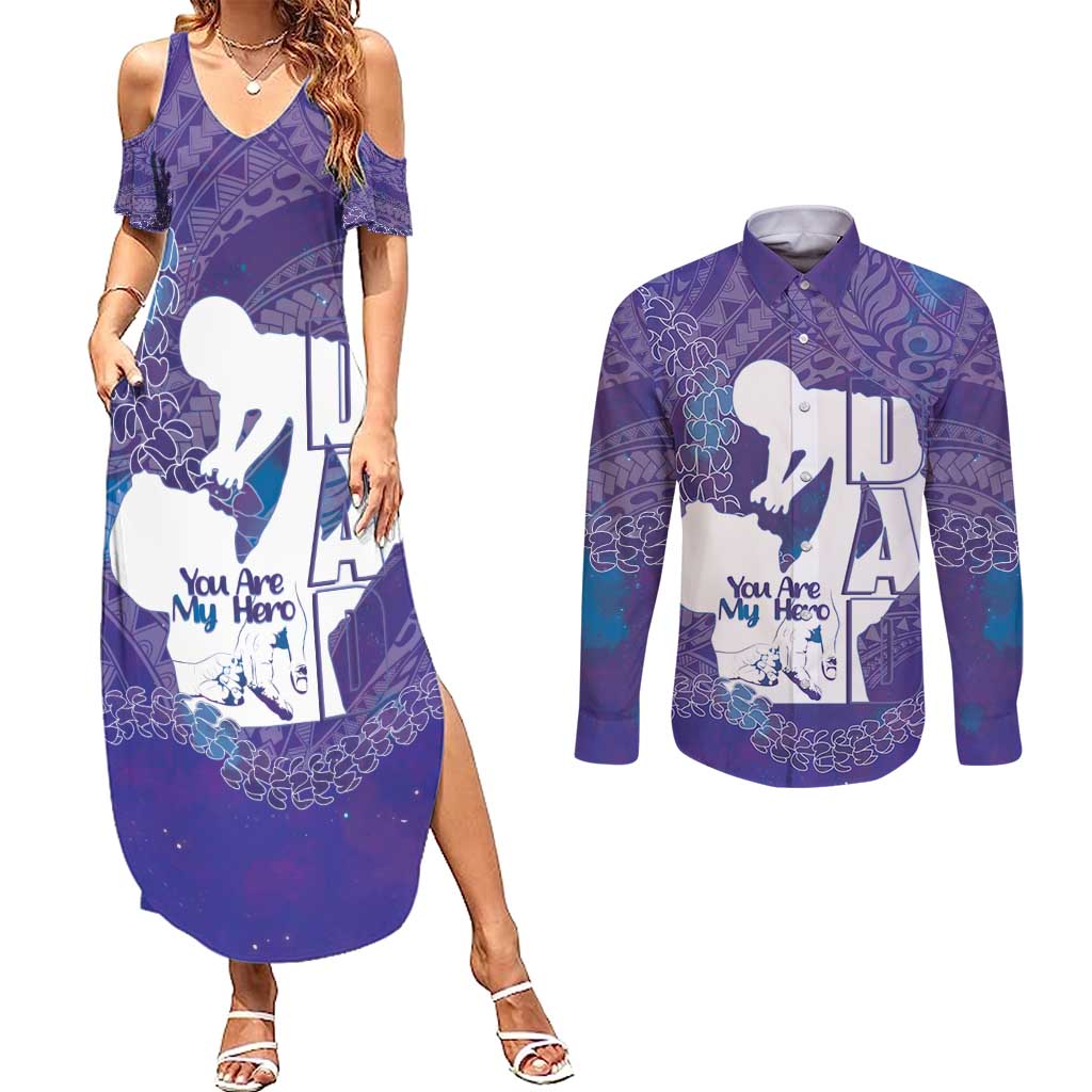 Purple Polynesia Father's Day Couples Matching Summer Maxi Dress and Long Sleeve Button Shirt Dad You Are My Hero