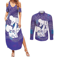 Purple Polynesia Father's Day Couples Matching Summer Maxi Dress and Long Sleeve Button Shirt Dad You Are My Hero