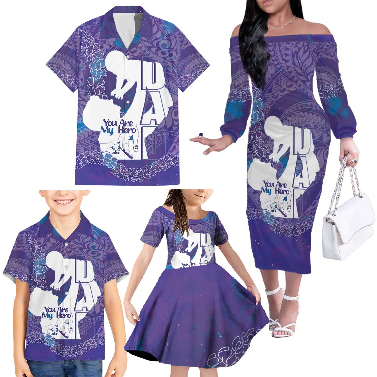 Purple Polynesia Father's Day Family Matching Off The Shoulder Long Sleeve Dress and Hawaiian Shirt Dad You Are My Hero LT14 - Polynesian Pride