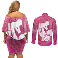 Pink Polynesia Father's Day Couples Matching Off Shoulder Short Dress and Long Sleeve Button Shirt Dad You Are My Hero