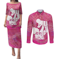 Pink Polynesia Father's Day Couples Matching Puletasi and Long Sleeve Button Shirt Dad You Are My Hero