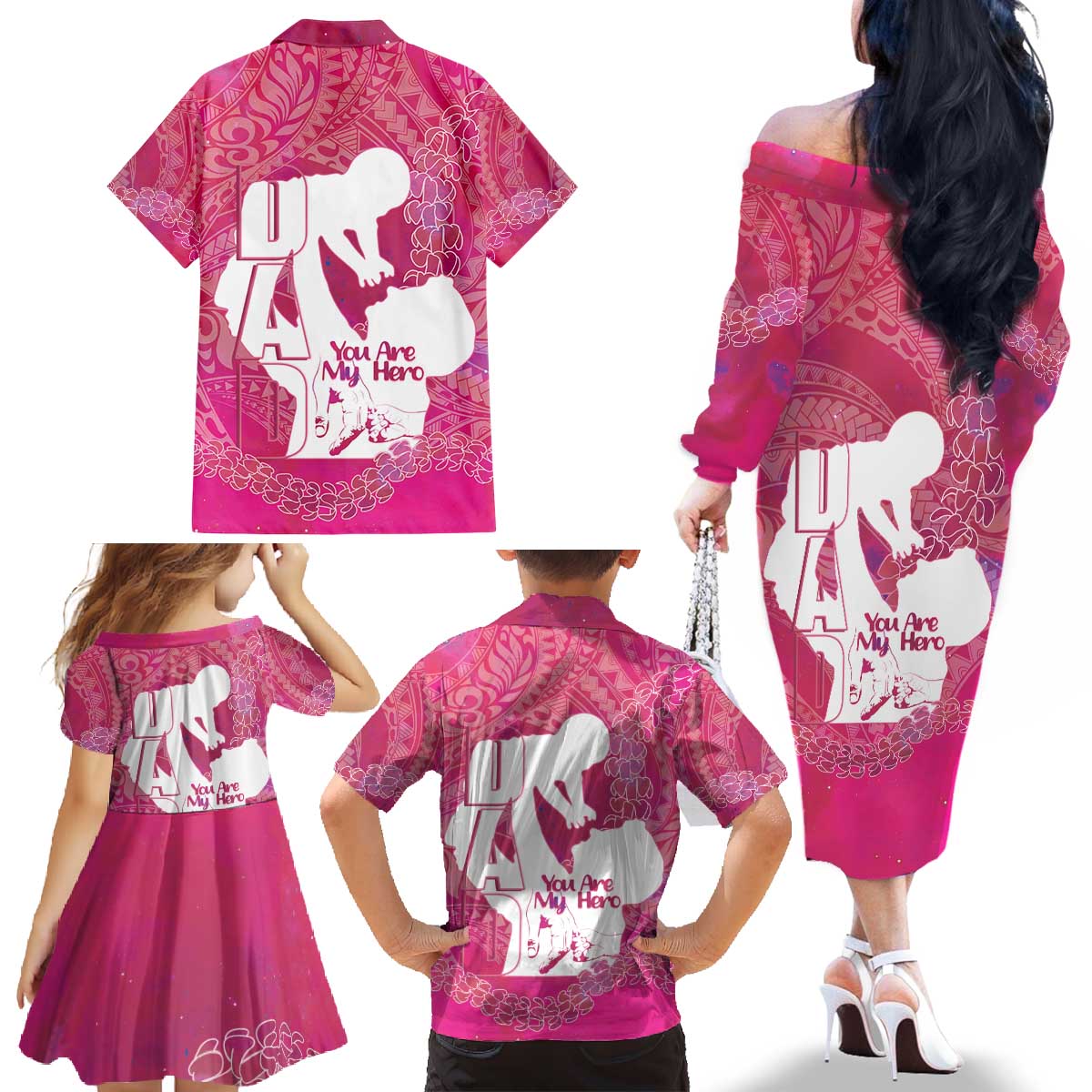 Pink Polynesia Father's Day Family Matching Off The Shoulder Long Sleeve Dress and Hawaiian Shirt Dad You Are My Hero LT14 - Polynesian Pride