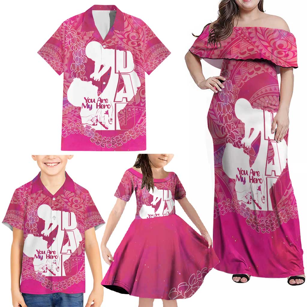 Pink Polynesia Father's Day Family Matching Off Shoulder Maxi Dress and Hawaiian Shirt Dad You Are My Hero LT14 - Polynesian Pride