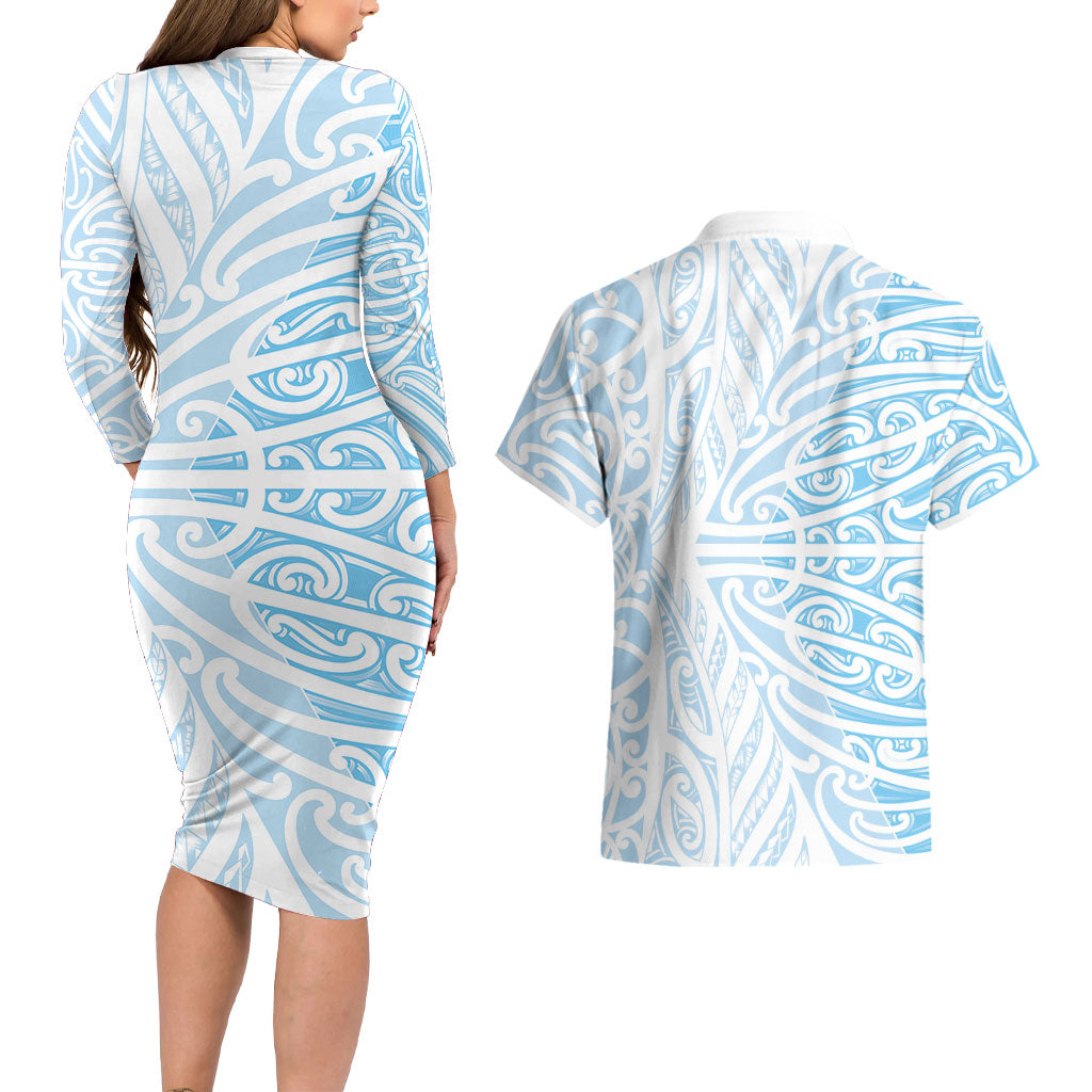 Blue New Zealand Puhoro Maori Tattoo Couples Matching Long Sleeve Bodycon Dress and Hawaiian Shirt