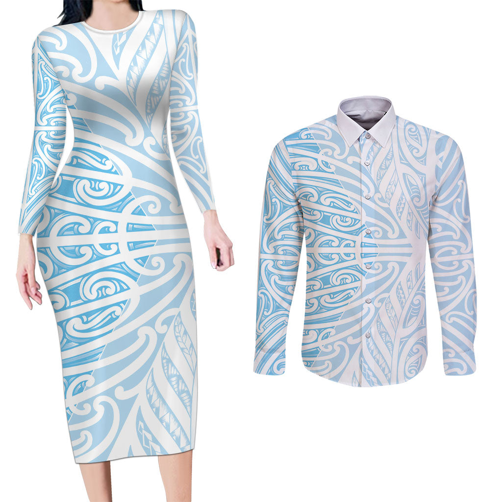 Blue New Zealand Puhoro Maori Tattoo Couples Matching Long Sleeve Bodycon Dress and Long Sleeve Button Shirt LT14 Blue - Polynesian Pride