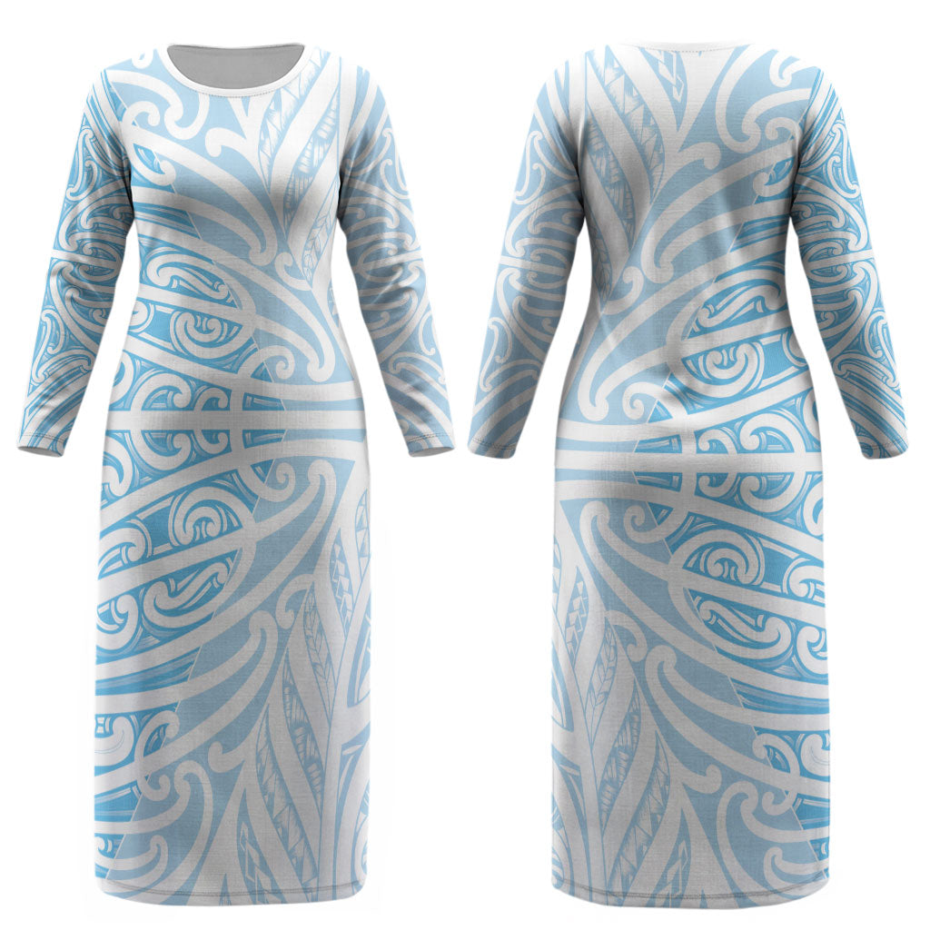 Blue New Zealand Puhoro Maori Tattoo Couples Matching Long Sleeve Bodycon Dress and Long Sleeve Button Shirt LT14 - Polynesian Pride
