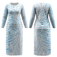 Blue New Zealand Puhoro Maori Tattoo Couples Matching Long Sleeve Bodycon Dress and Long Sleeve Button Shirt LT14 - Polynesian Pride