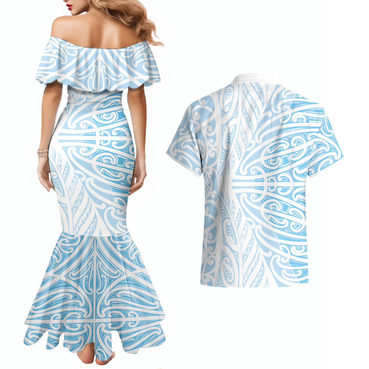 Blue New Zealand Puhoro Maori Tattoo Couples Matching Mermaid Dress and Hawaiian Shirt