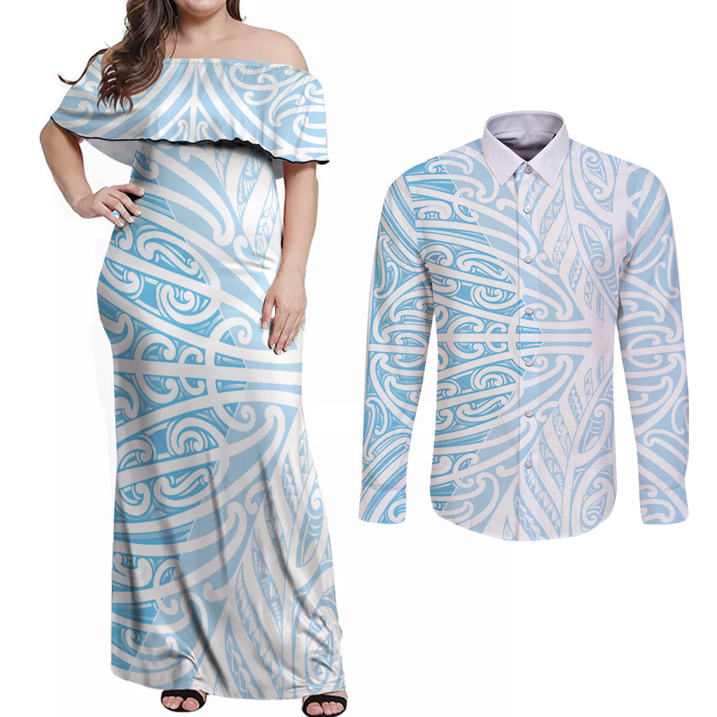 Blue New Zealand Puhoro Maori Tattoo Couples Matching Off Shoulder Maxi Dress and Long Sleeve Button Shirt LT14 Blue - Polynesian Pride