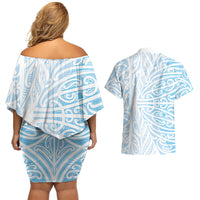 Blue New Zealand Puhoro Maori Tattoo Couples Matching Off Shoulder Short Dress and Hawaiian Shirt