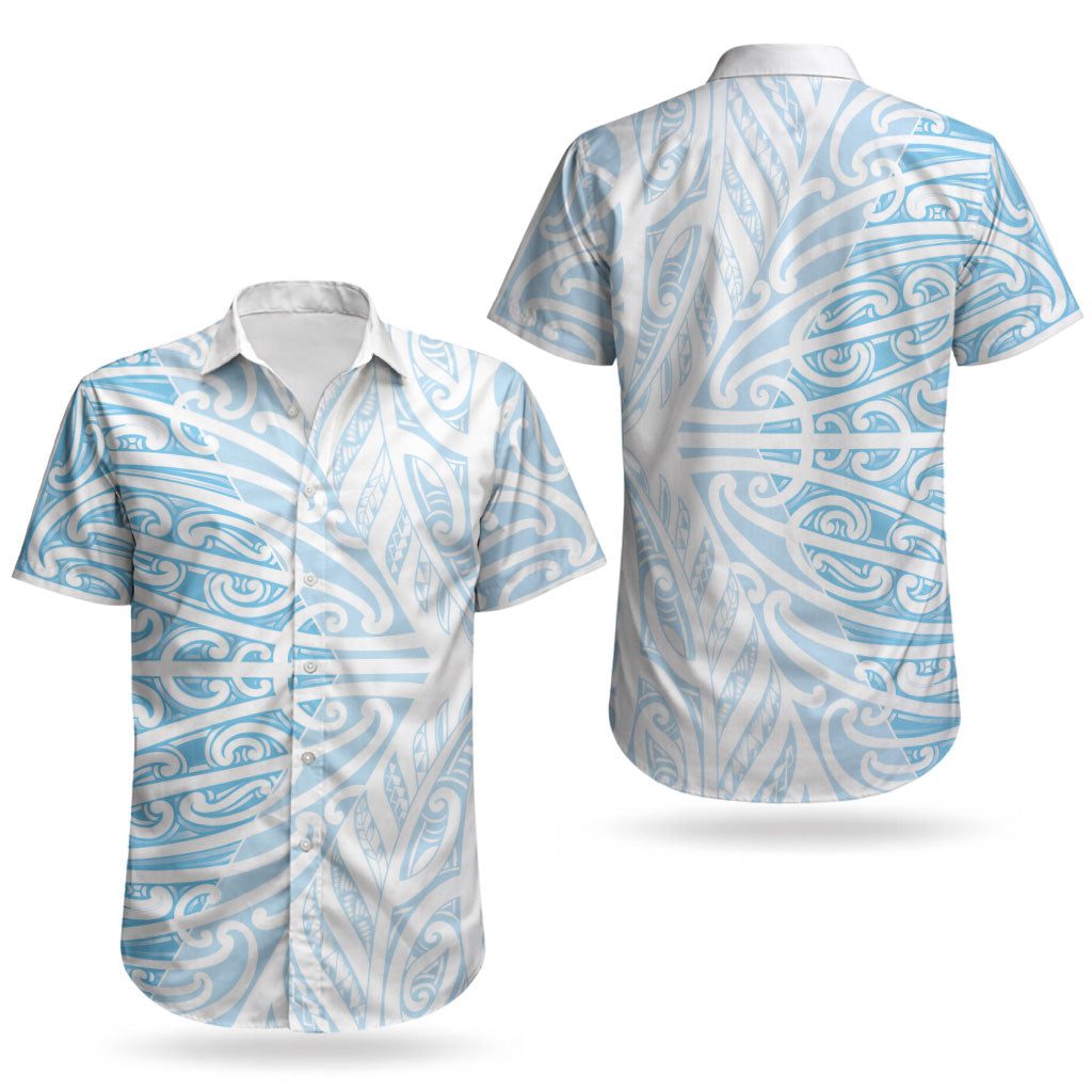 Blue New Zealand Puhoro Maori Tattoo Couples Matching Off Shoulder Short Dress and Hawaiian Shirt LT14 - Polynesian Pride