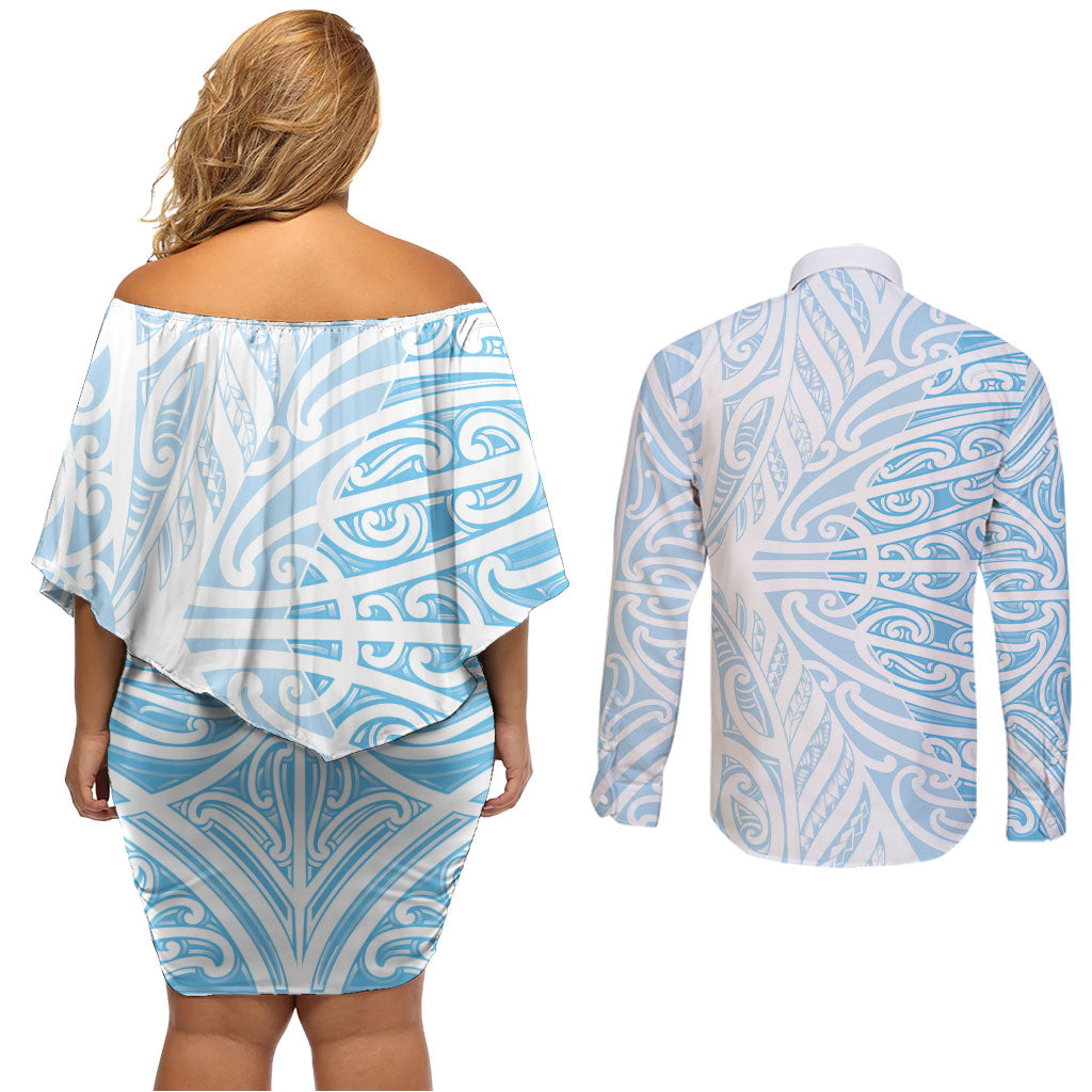 Blue New Zealand Puhoro Maori Tattoo Couples Matching Off Shoulder Short Dress and Long Sleeve Button Shirt