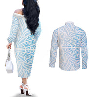 Blue New Zealand Puhoro Maori Tattoo Couples Matching Off The Shoulder Long Sleeve Dress and Long Sleeve Button Shirt