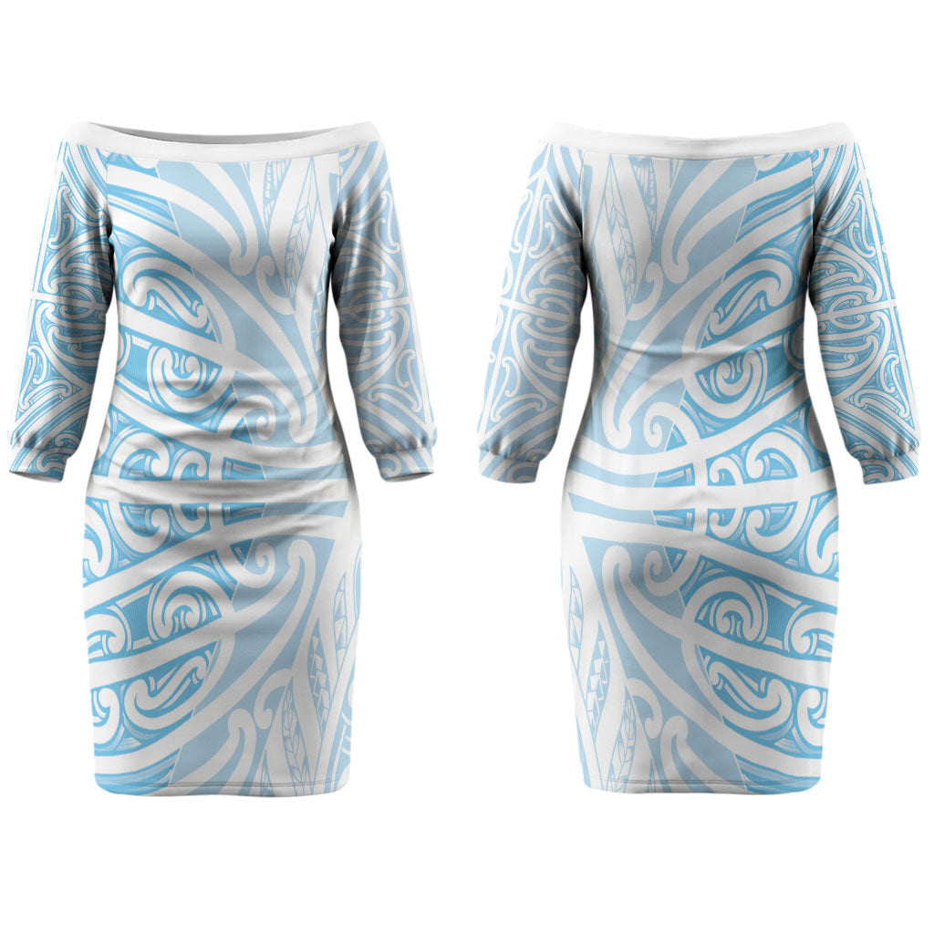 Blue New Zealand Puhoro Maori Tattoo Couples Matching Off The Shoulder Long Sleeve Dress and Long Sleeve Button Shirt LT14 - Polynesian Pride