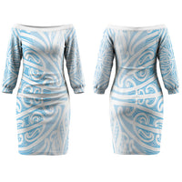 Blue New Zealand Puhoro Maori Tattoo Couples Matching Off The Shoulder Long Sleeve Dress and Long Sleeve Button Shirt LT14 - Polynesian Pride