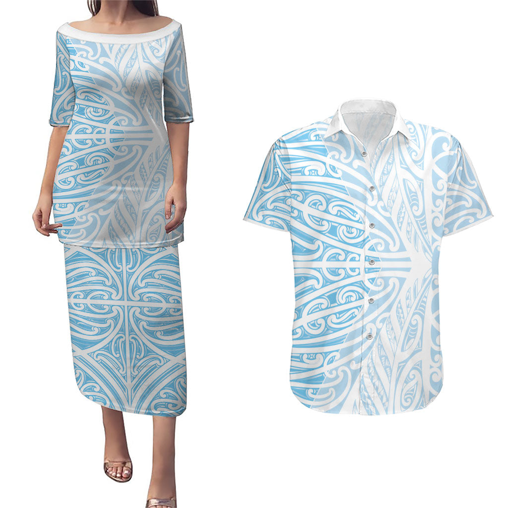 Blue New Zealand Puhoro Maori Tattoo Couples Matching Puletasi and Hawaiian Shirt